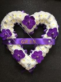 BEAUTIFUL WHITE HEART WITH PURPLE ORCHID AND DIAMANTE FINISH