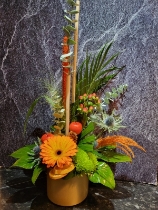 ORANGE ZEST CHRISTMAS ARRANGEMENT IN LUXURY GOLD POT